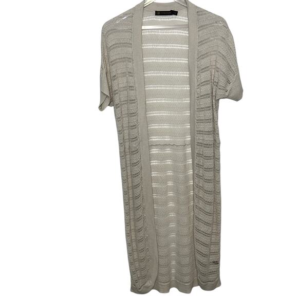 Linen/cotton cream long crochetlook short sleeve vintage cardigan cottagecore XS - Picture 1 of 7